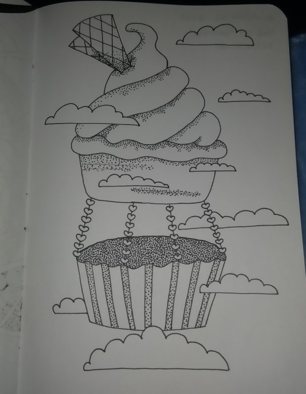 Ink flying cupcake balloon illustration