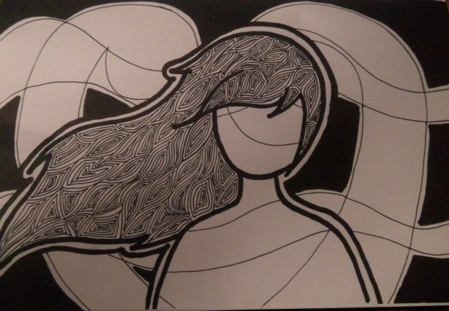 Wave long haired girl ink drawing