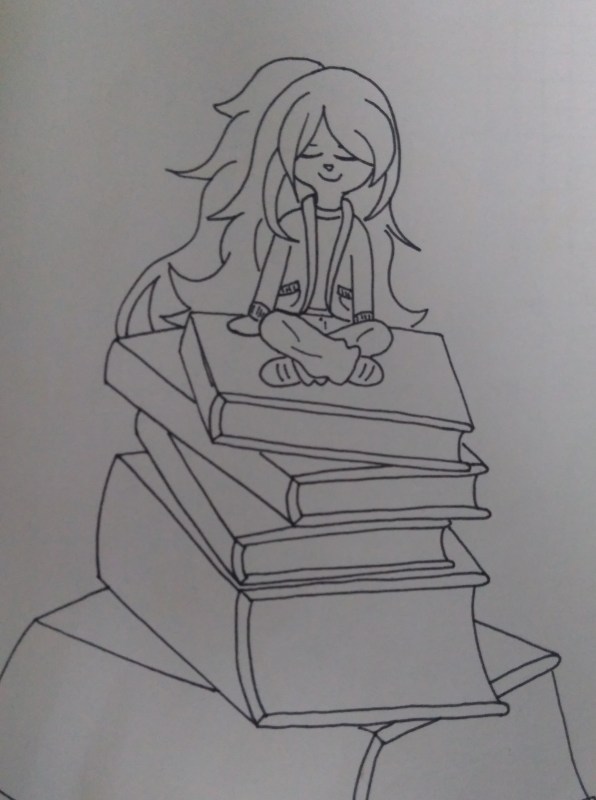 Tower of books ink drawing