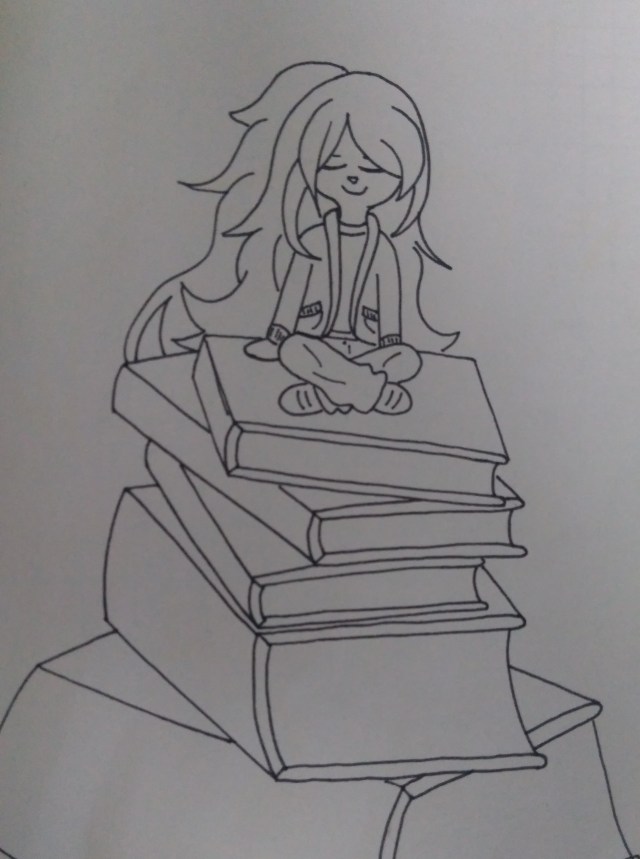 Tower of books ink drawing