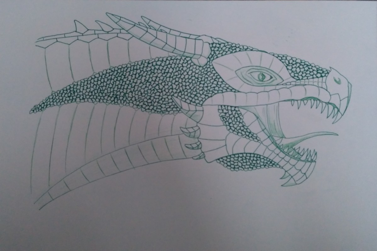 A green Dragon made with a ballpoint pen and a fineliner.